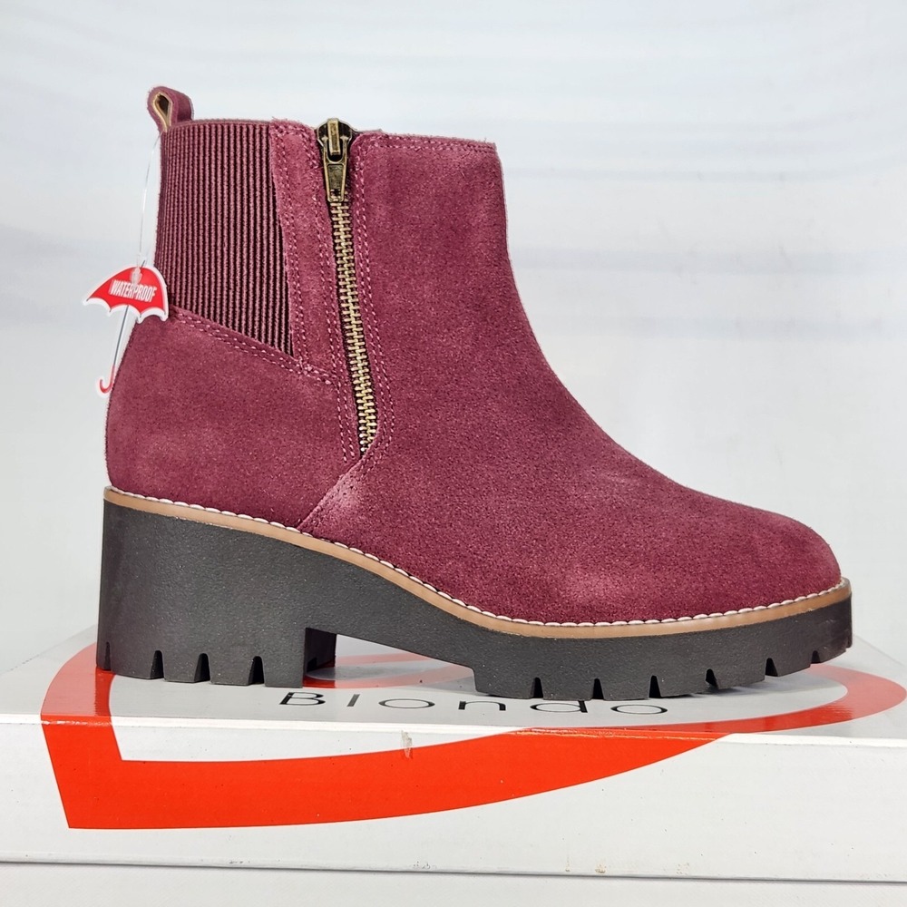 Blondo Damaris Bootie Women Size 7.0 Wine Suede Waterproof Lug Sole Ankle Boot